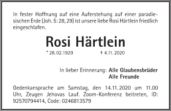 Traueranzeige von Rosi Härtlein von Pegnitz-Zeitung