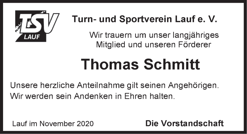  Traueranzeige für Thomas Schmitt vom 18.11.2020 aus Pegnitz-Zeitung