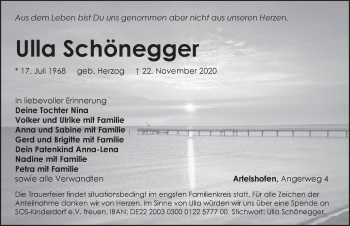 Traueranzeige von Ulla Schönegger von Hersbrucker Zeitung