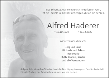 Traueranzeige von Alfred Haderer von Pegnitz-Zeitung