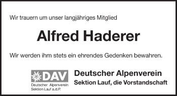Traueranzeige von Alfred Haderer von Pegnitz-Zeitung