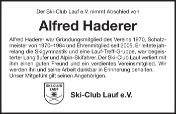 Traueranzeige von Alfred Haderer von Pegnitz-Zeitung