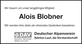 Traueranzeige von Alois Blobner von Pegnitz-Zeitung