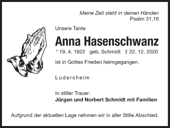 Traueranzeige von Anna Hasenschwanz von Der Bote