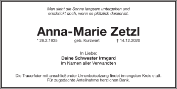 Traueranzeige von Anna-Marie Zetzl von Pegnitz-Zeitung