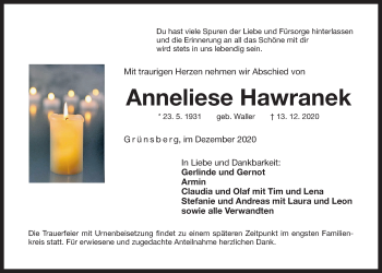 Traueranzeige von Anneliese Hawranek von Der Bote
