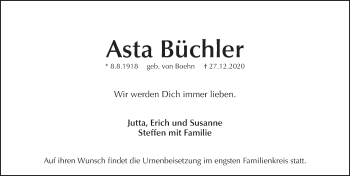 Traueranzeige von Asta Büchler von Pegnitz-Zeitung