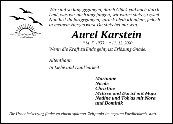 Traueranzeige von Aurel Karstein von Der Bote