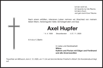 Traueranzeige von Axel Hupfer von Der Bote