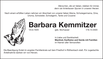 Traueranzeige von Barbara Kemmitzer von Pegnitz-Zeitung
