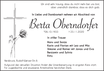 Traueranzeige von Berta Oberndorfer von Hersbrucker Zeitung