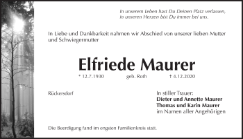 Traueranzeige von Elfriede Maurer von Pegnitz-Zeitung