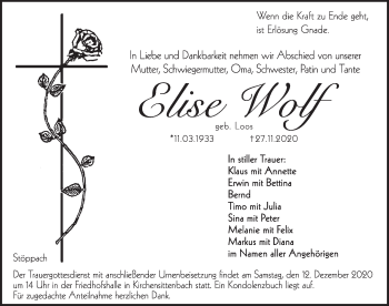 Traueranzeige von Elise Wolf von Hersbrucker Zeitung