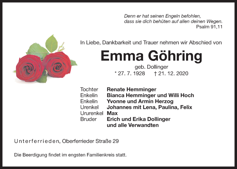  Traueranzeige für Emma Göhring vom 23.12.2020 aus Der Bote