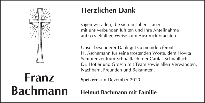  Traueranzeige für Franz Bachmann vom 05.12.2020 aus Pegnitz-Zeitung