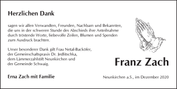 Traueranzeige von Franz Zach von Pegnitz-Zeitung