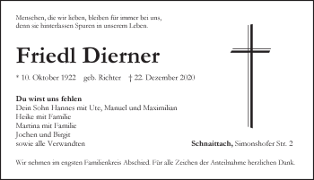 Traueranzeige von Friedl Dierner von Pegnitz-Zeitung