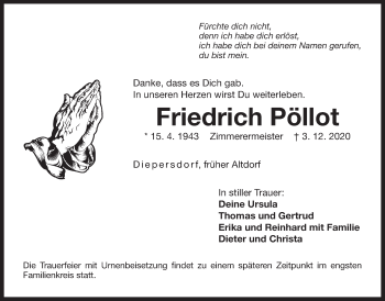 Traueranzeige von Friedrich Pöllot von Der Bote