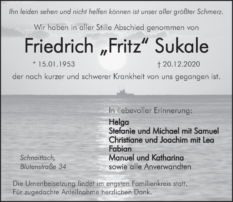  Traueranzeige für Friedrich Sukale vom 24.12.2020 aus Pegnitz-Zeitung