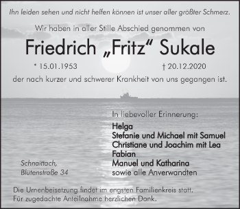 Traueranzeige von Friedrich Sukale von Pegnitz-Zeitung