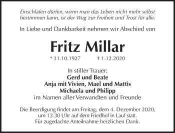 Traueranzeige von Fritz Millar von Pegnitz-Zeitung