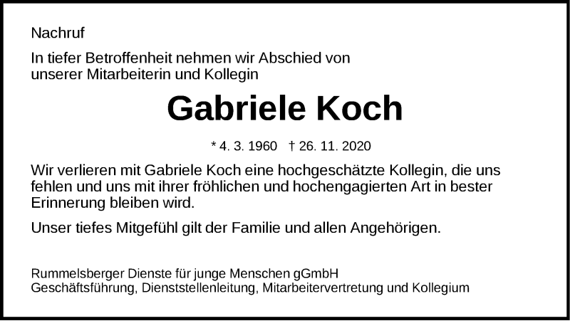 Traueranzeige für Gabriele Koch vom 02.12.2020 aus Der Bote