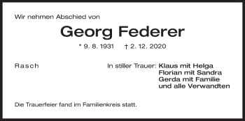 Traueranzeige von Georg Federer von Der Bote