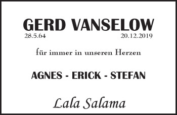 Traueranzeige von Gerd Vanselow von Hersbrucker Zeitung