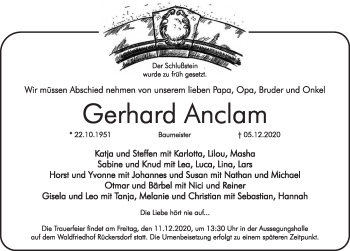 Traueranzeige von Gerhard Anclam von Pegnitz-Zeitung