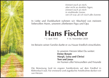Traueranzeige von Hans Fischer von Pegnitz-Zeitung
