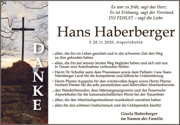 Traueranzeige von Hans Haberberger von Hersbrucker Zeitung