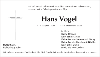 Traueranzeige von Hans Vogel von Pegnitz-Zeitung
