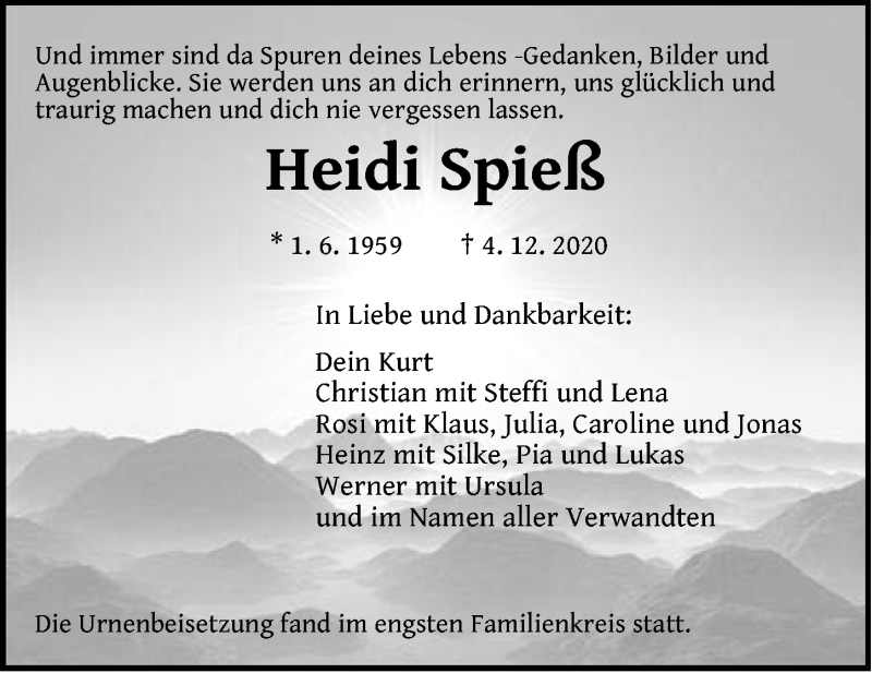  Traueranzeige für Heidi Spieß vom 23.12.2020 aus Hersbrucker Zeitung
