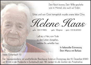Traueranzeige von Helene Haas von Hersbrucker Zeitung