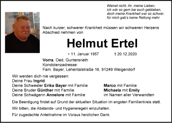 Traueranzeige von Helmut Ertel von Hersbrucker Zeitung
