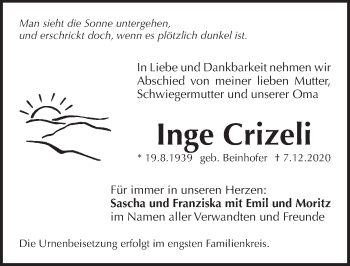 Traueranzeige von Inge Crizeli von Pegnitz-Zeitung