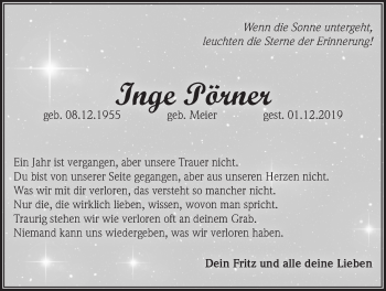 Traueranzeige von Inge Pörner von Der Bote