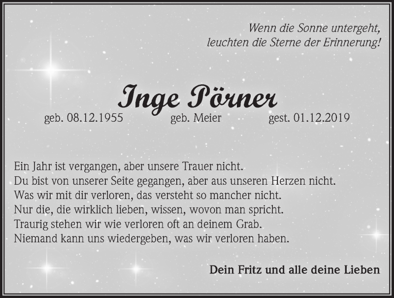  Traueranzeige für Inge Pörner vom 01.12.2020 aus Der Bote