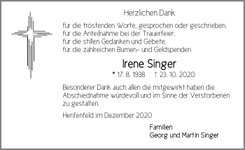 Traueranzeige von Irene Singer von Hersbrucker Zeitung