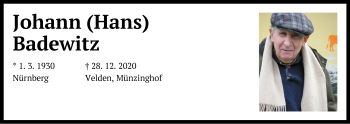 Traueranzeige von Johann Badewitz von Hersbrucker Zeitung