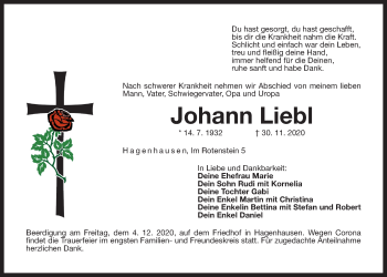 Traueranzeige von Johann Liebl von Der Bote