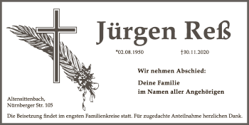 Traueranzeige von Jürgen Reß von Hersbrucker Zeitung