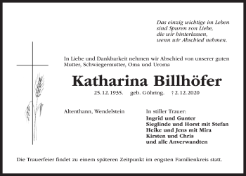 Traueranzeige von Katharina Billhöfer von Der Bote