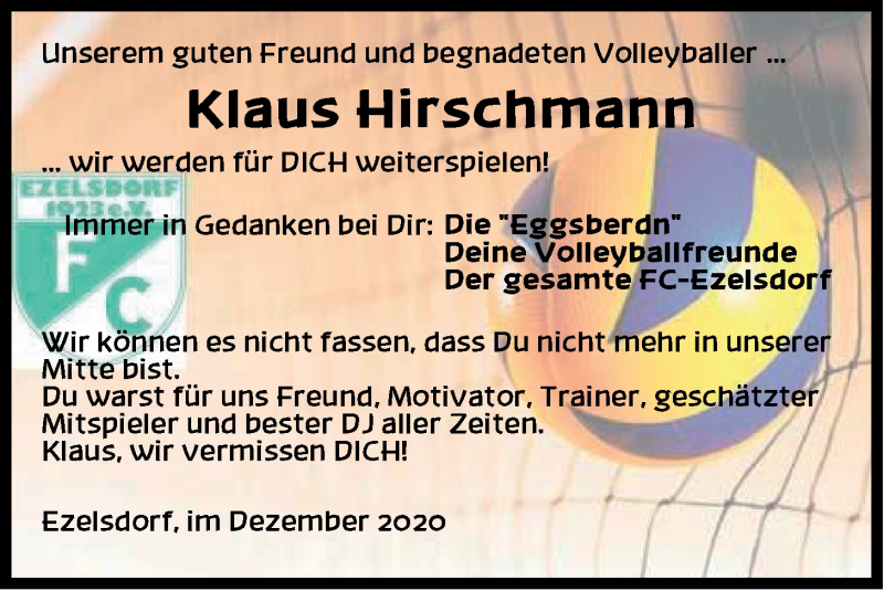 Traueranzeige für Klaus Hirschmann vom 31.12.2020 aus Der Bote