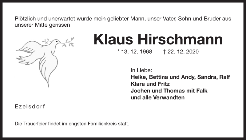  Traueranzeige für Klaus Hirschmann vom 24.12.2020 aus Der Bote