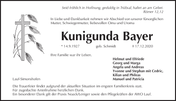 Traueranzeige von Kunigunda Bayer von Pegnitz-Zeitung