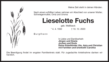Traueranzeige von Lieselotte Fuchs von Der Bote