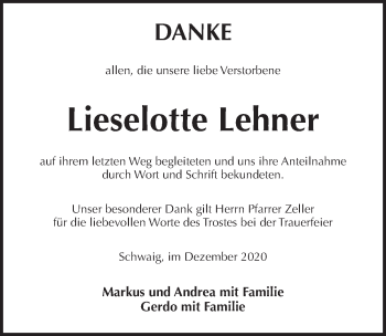 Traueranzeige von Lieselotte Lehner von Pegnitz-Zeitung