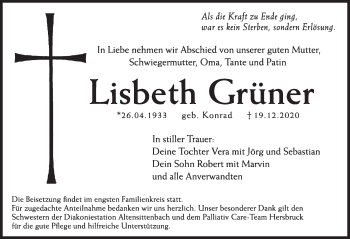 Traueranzeige von Lisbeth Grüner von Hersbrucker Zeitung