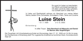 Traueranzeige von Luise Stein von Der Bote